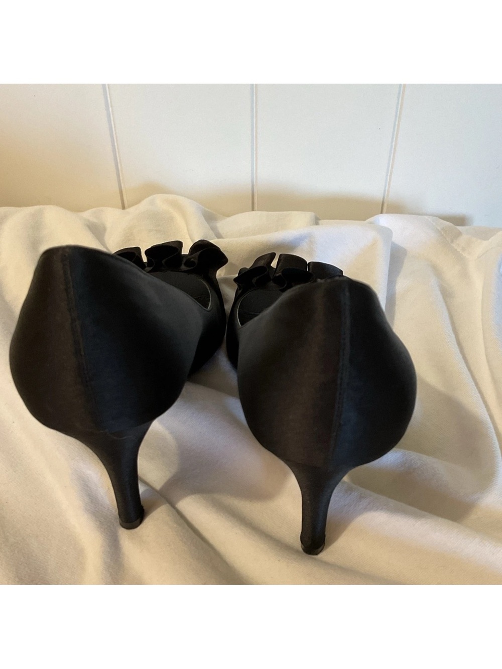 Touch of Nina Black Satin Peep-Toe Heels with Bow Accent - Picture 5 of 6